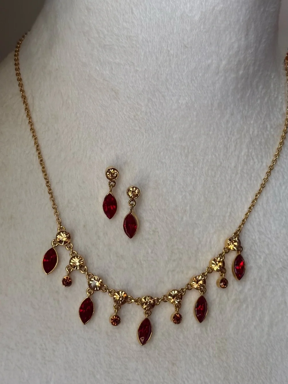 Gold-Tone Red Crystal Drop Necklace & Earring Set